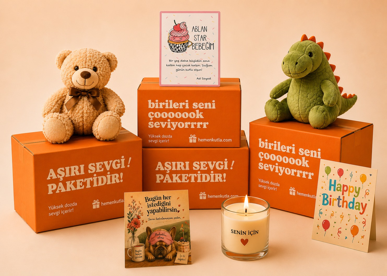 Hemen Kutla hediye kutuları, peluş oyuncaklar ve kartpostallar
